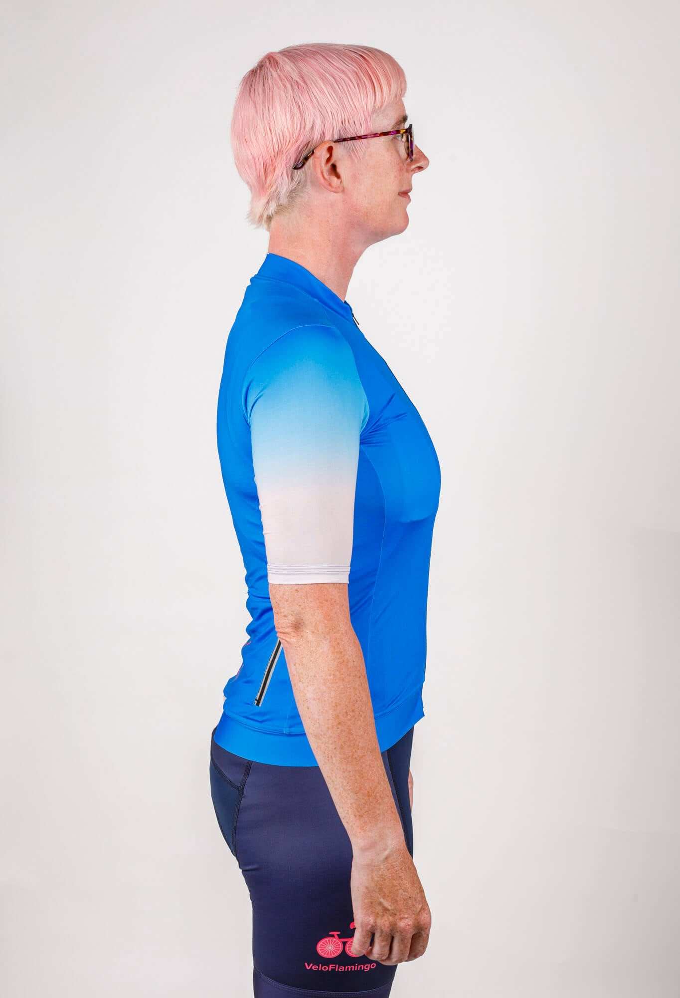 Blue Ombré Womens Cycling Jersey - Stylish Womens Specific Fit - right sleeve of blue cycling jersey
