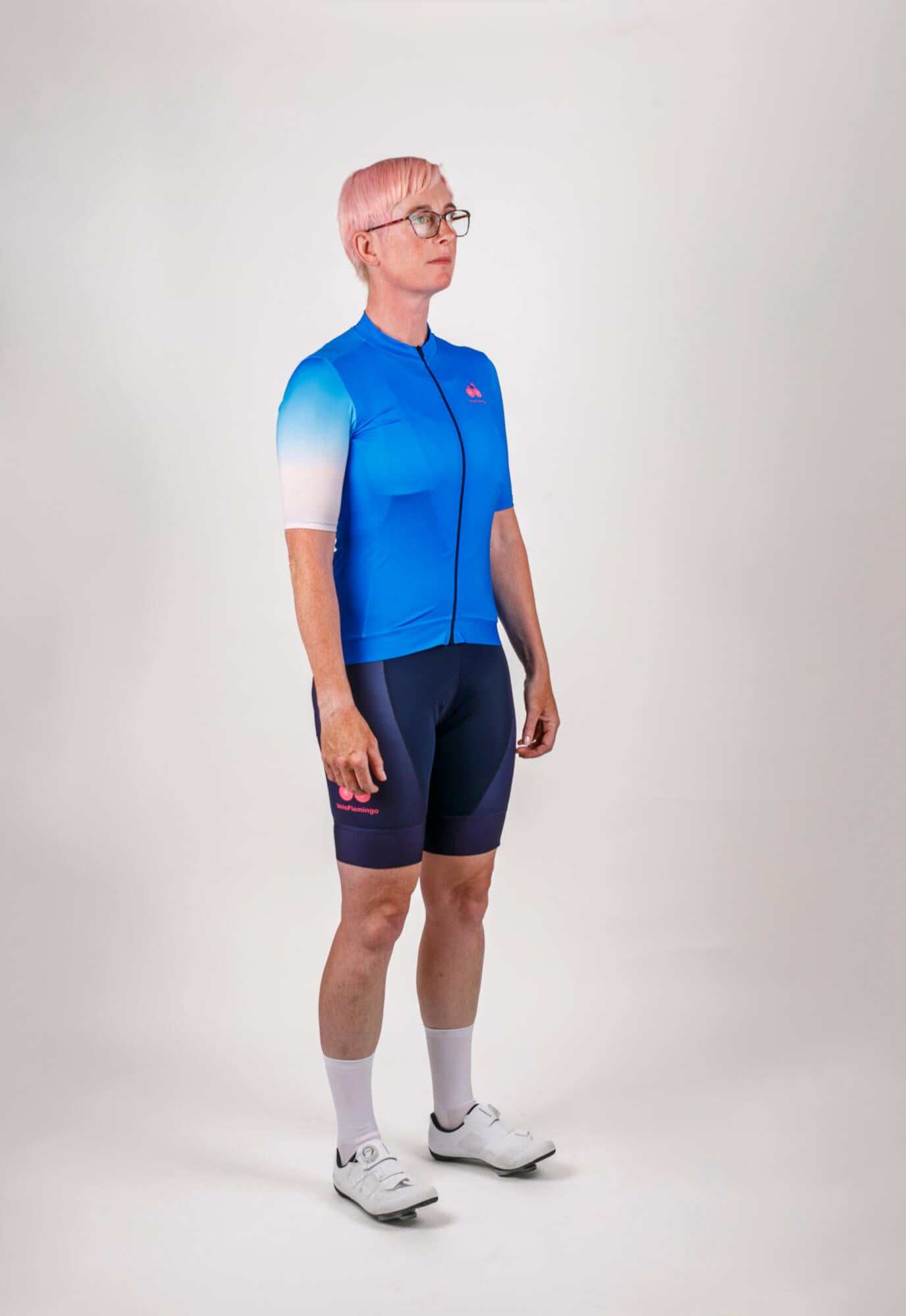 Blue Ombré Womens Cycling Jersey - Stylish Womens Specific Fit - full view of blue cycling jersey and black bib shorts