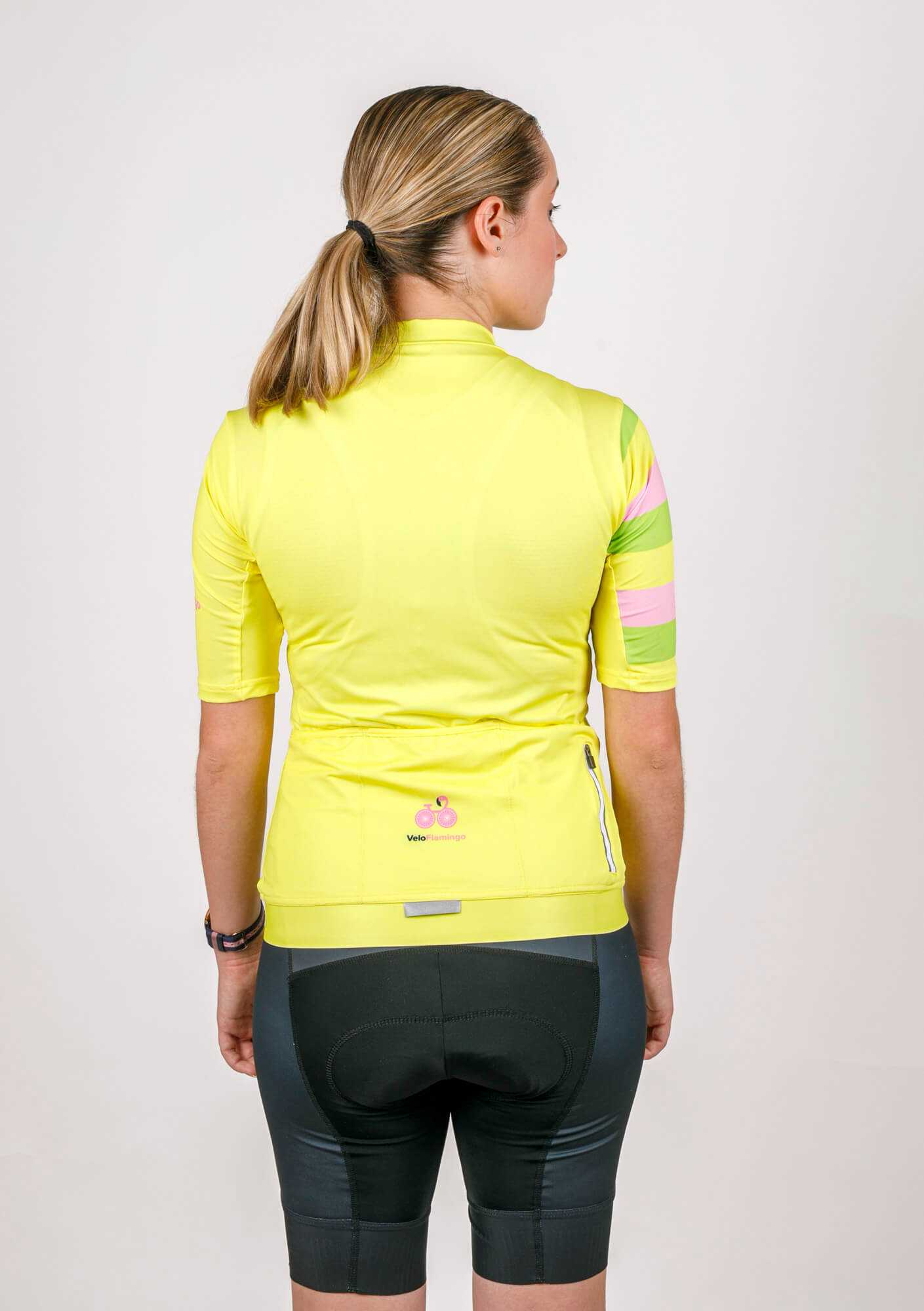 Bwee Womens Cycling Jersey - Stylish and bright Yellow, Womens Specific Fit - rear view of yellow cycling jersey