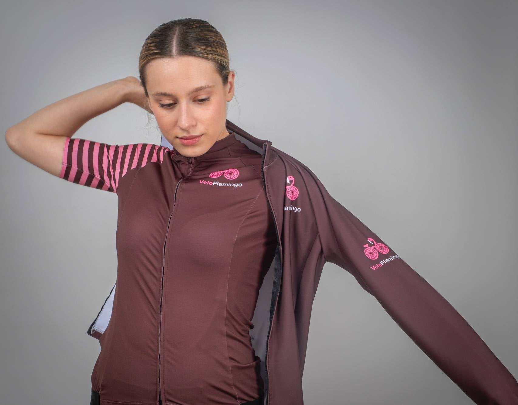Selena Long Sleeve Jersey - Perfect for Autumn and Winter Cycling - brown with pink cuff stripes