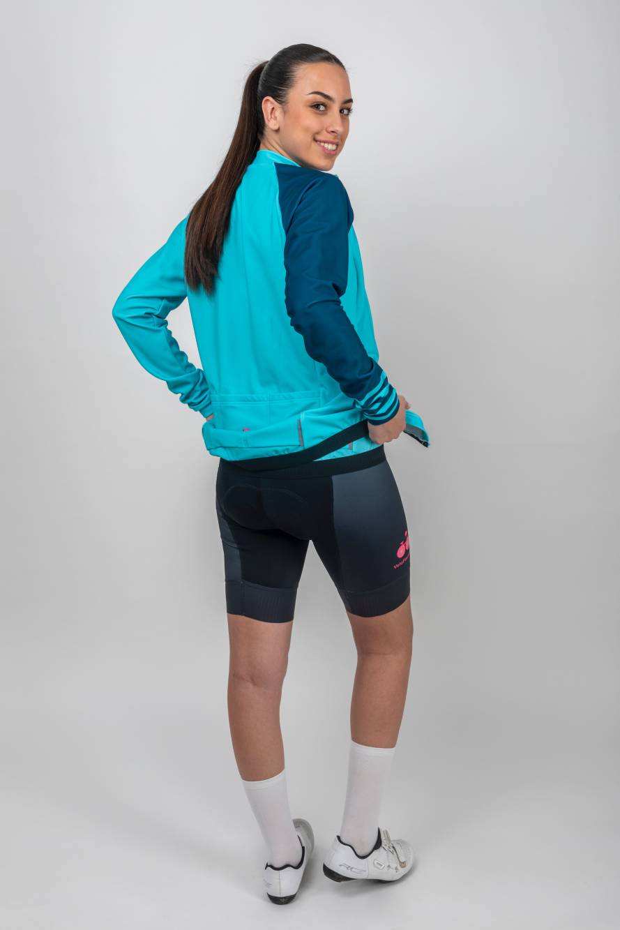 Maria Long Sleeve Jersey - Perfect for Autumn and Winter Cycling - mint green with dark green sleeve and feature stripes on cuff - view of back of jersey