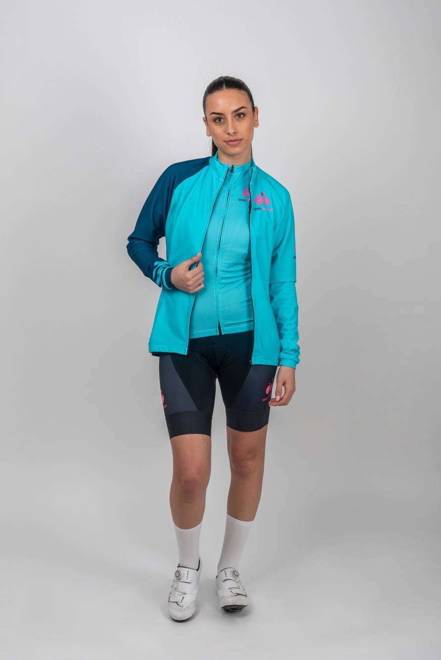 Maria Long Sleeve Jersey - Perfect for Autumn and Winter Cycling - mint green with dark green sleeve and feature stripes on cuff
