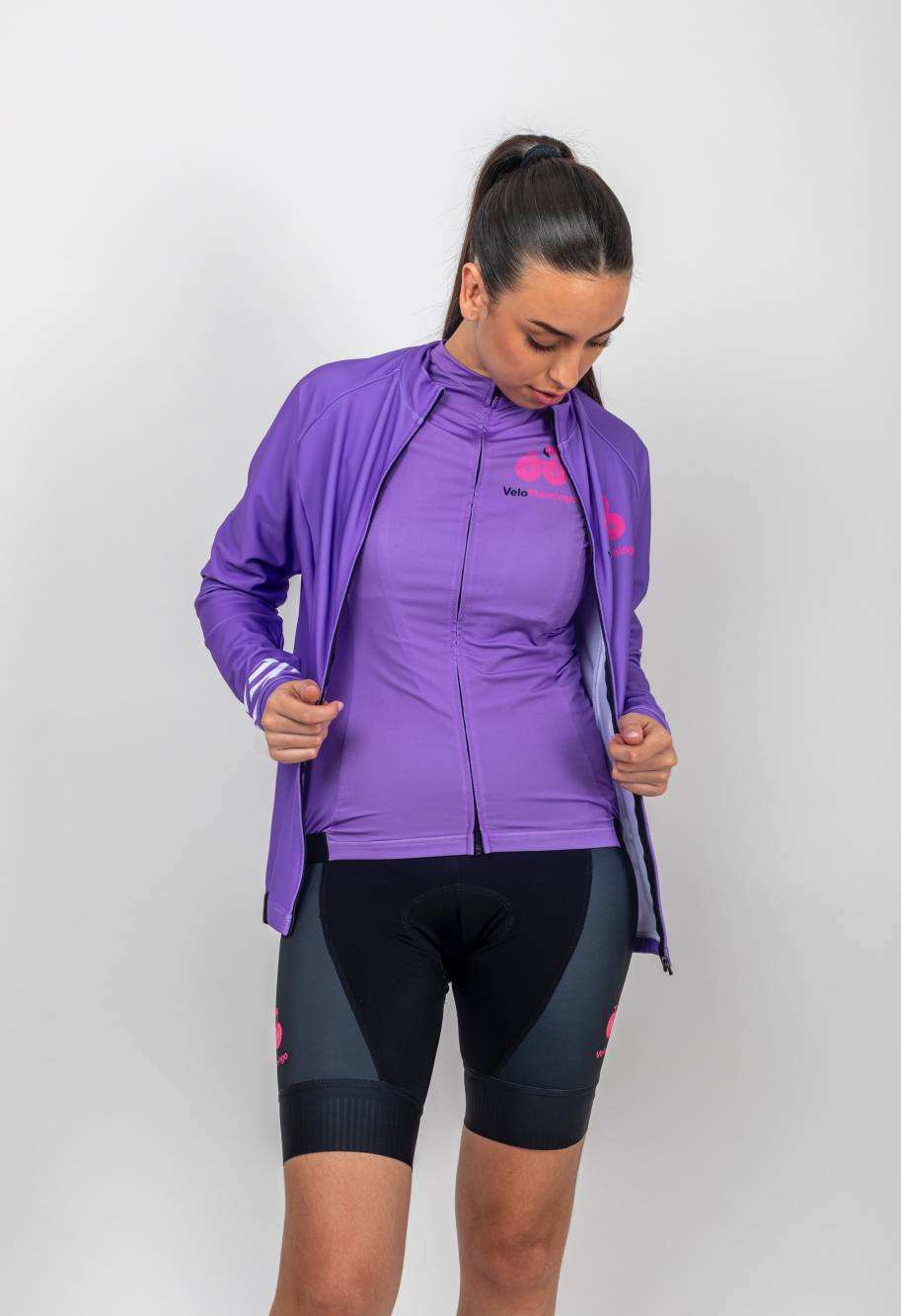 Hannah Long Sleeve Jersey - Perfect for Autumn and Winter Cycling - purple jersey with white stripes on cuff