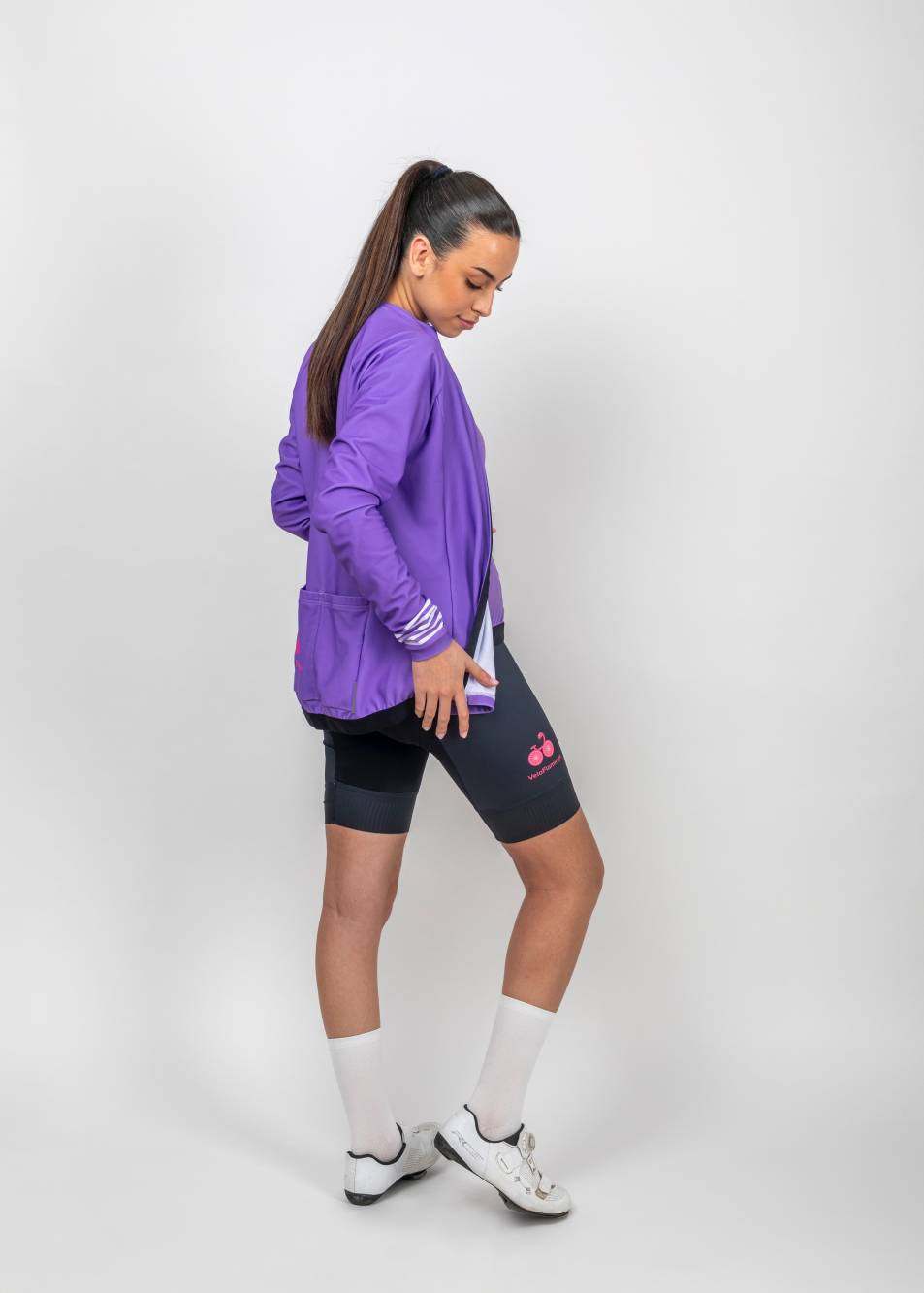 Hannah Long Sleeve Jersey - Perfect for Autumn and Winter Cycling - purple jersey with white stripes on cuff