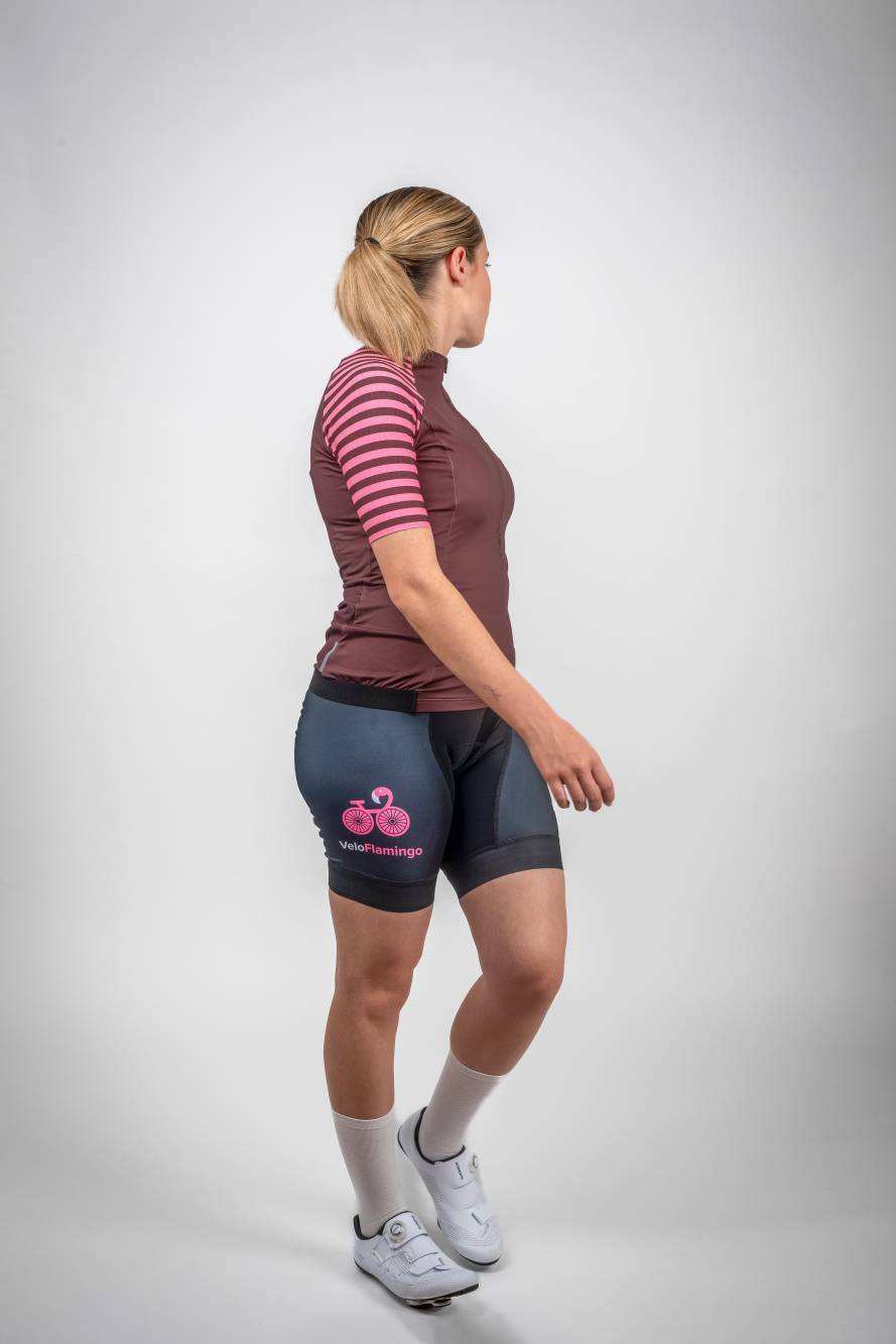 Selena Short Sleeve Aero Jersey - Womens Race Fit Cycling Apparel - brown jersey with pink striped sleeve