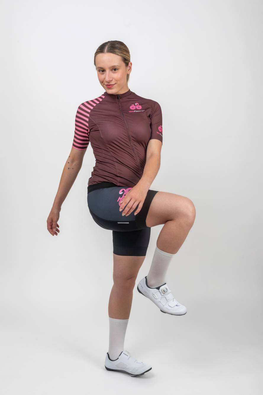 Selena Short Sleeve Aero Jersey - Womens Race Fit Cycling Apparel - brown jersey with pink striped sleeve
