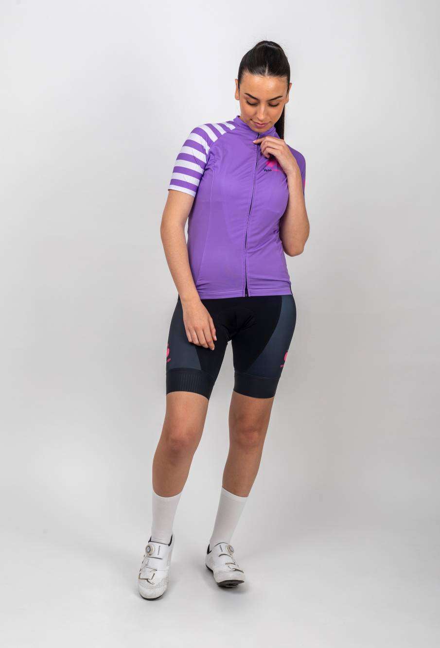 Hannah Short Sleeve Aero Jersey - Womens Race Fit Cycling Apparel - purple jersey with white stripes on sleeve