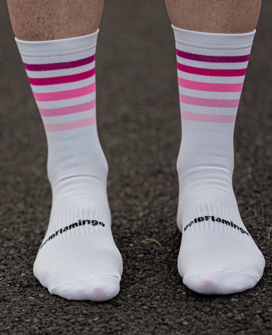Indy Bundle - Cycling Jersey, Bib Shorts and Cycling Socks - front view of white with pink stripes cycling compression socks