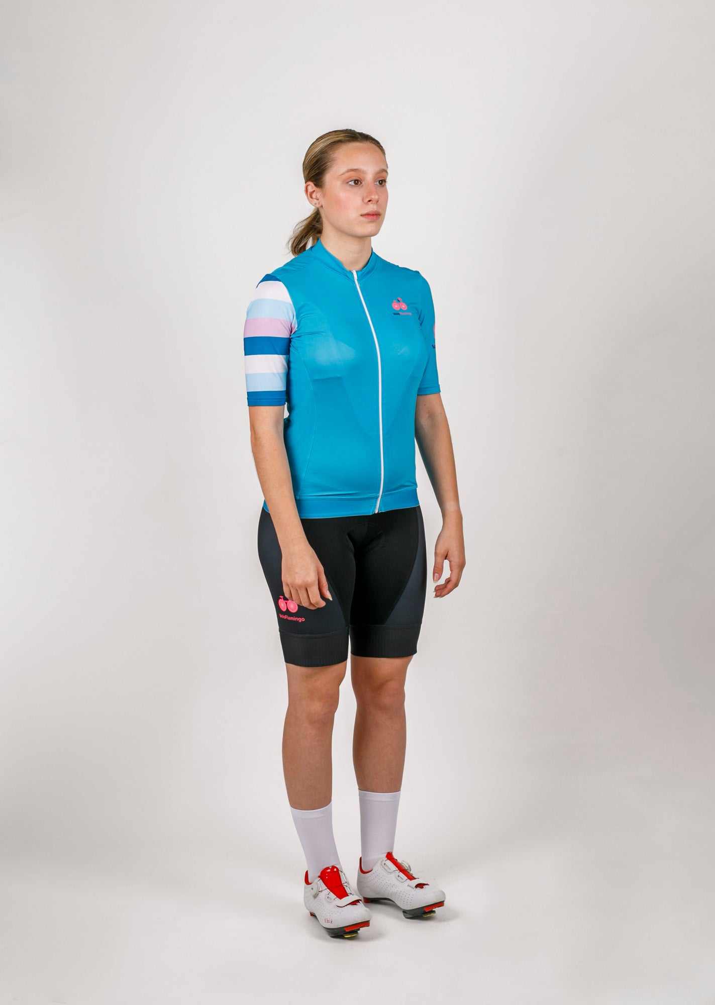 AquaVelo Womens Cycling Jersey - Stylish Womens Specific Fit - blue cycling jersey and black cycling bib shorts
