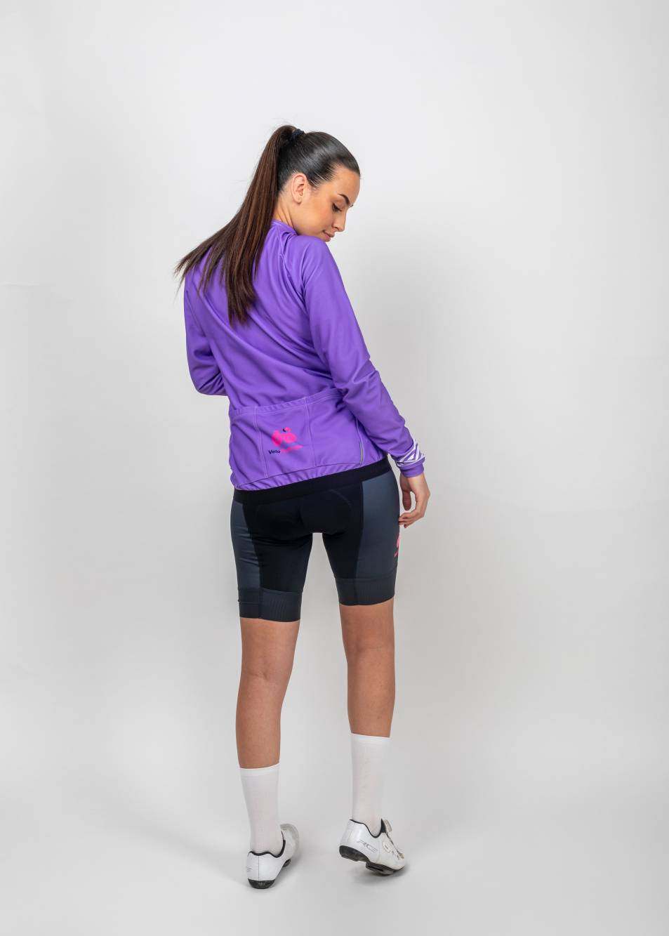 Hannah Long Sleeve Jersey - Perfect for Autumn and Winter Cycling - purple jersey with white stripes on cuff