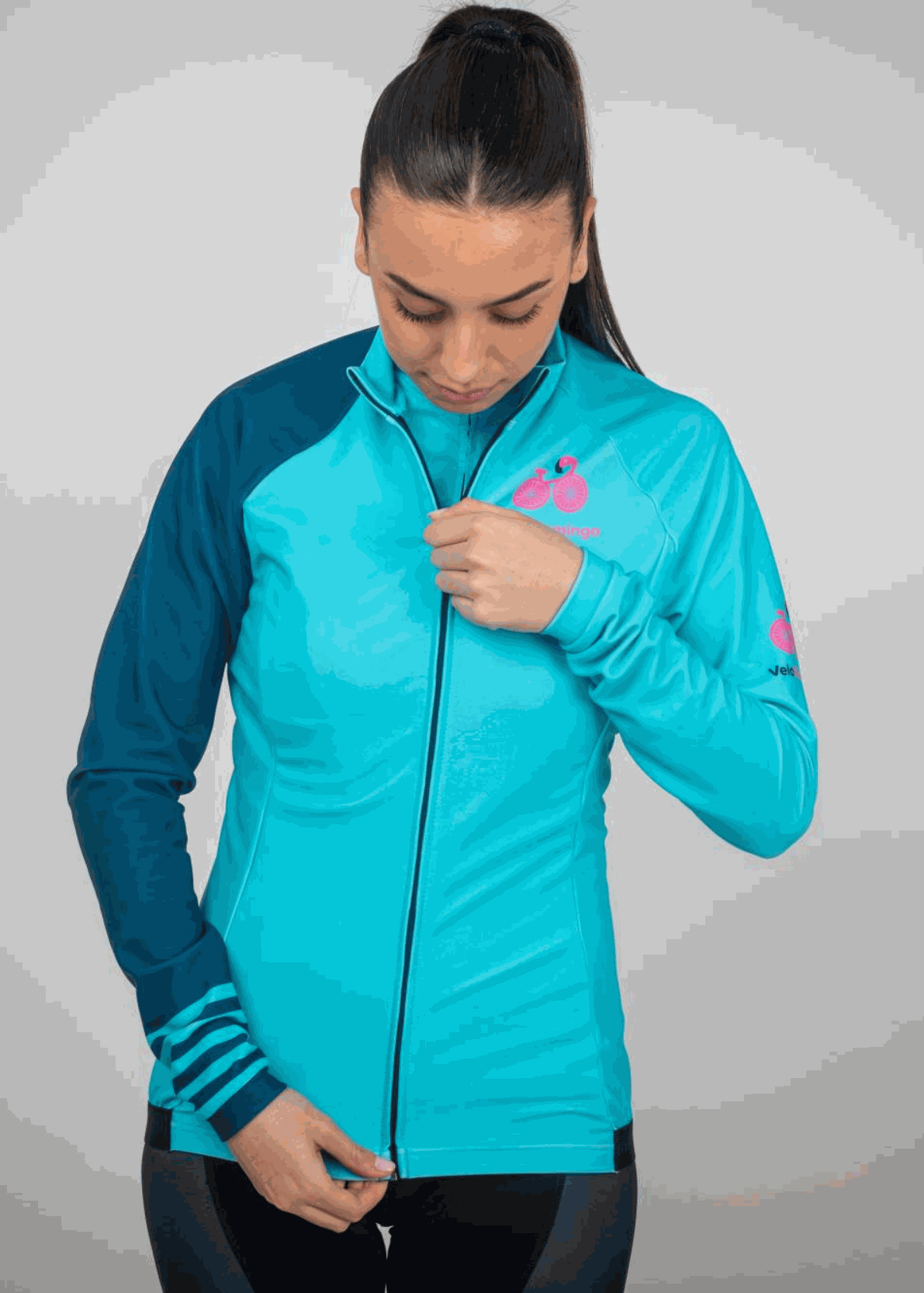 Maria Long Sleeve Jersey - Perfect for Autumn and Winter Cycling - mint green with dark green sleeve and feature stripes on cuff - front zipper view