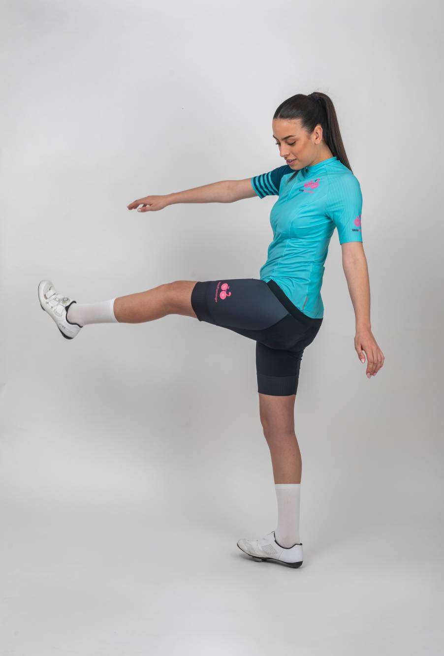 Maria Short Sleeve Aero Jersey - Womens Race Fit Cycling Apparel - mint green cycling jersey with dark green and mint green stripe on right hand sleeve matched with Black AERO Bib Shorts