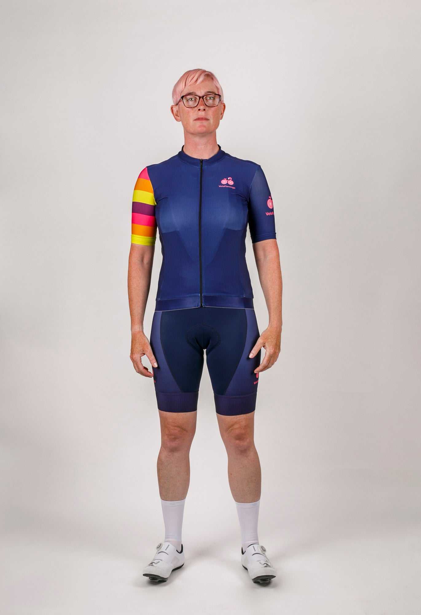 Sunset Womens Cycling Jersey - Stylish Womens Specific Fit - navy womens cycling jersey and black womens cycling bib shorts